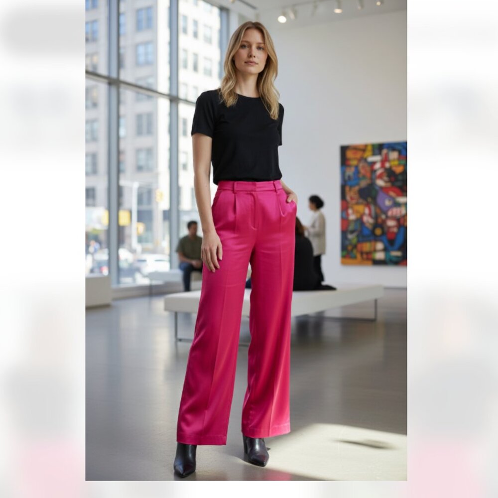 NWT ZARA Satin Effect Shiny Wide Leg Fuchsia Pant Bloggers Fave XS